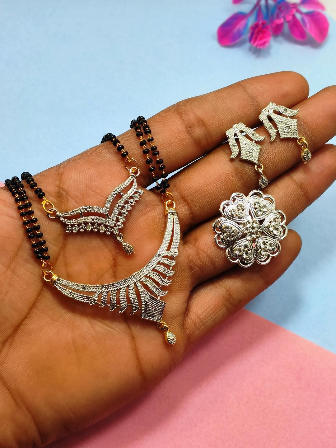 DIVYANSHI COLLECTION Silver Plated Mangalsutr Earrings With Finger Ring (Pack of 4)