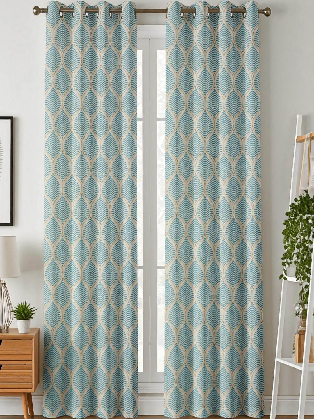 AADI TRADERS  Set of 2 Blue And Beige Ethnic Motifs Printed Long Door Curtains