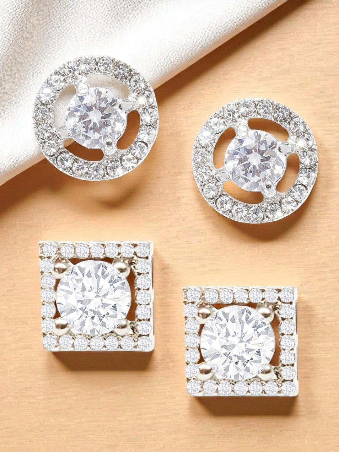 fabula Set of 2 Cubic Zirconia Studded Round & Square Shaped Studs