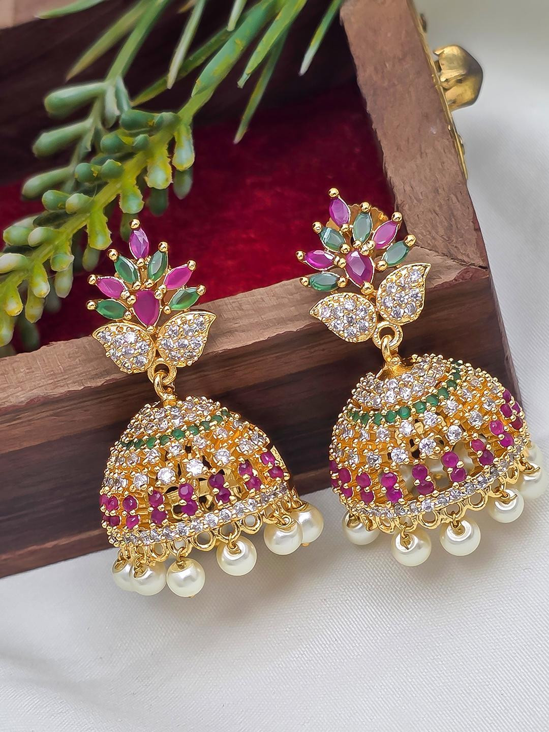FIRST TOUCH Gold Plated AD Studded Dome Shaped Jhumkas Earrings