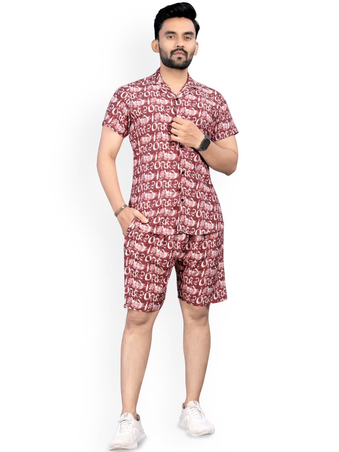 VIMALNATH SYNTHETICS Printed Shirt Collar Shirt With Shorts Co-Ords