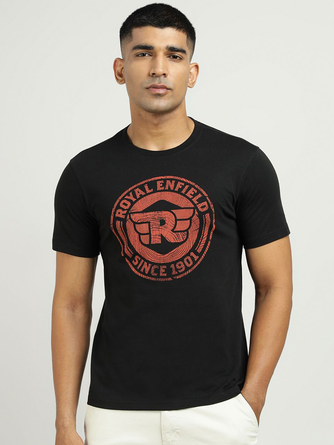 Royal Enfield Men Brand Logo Printed Round Neck Pure Cotton T-shirt