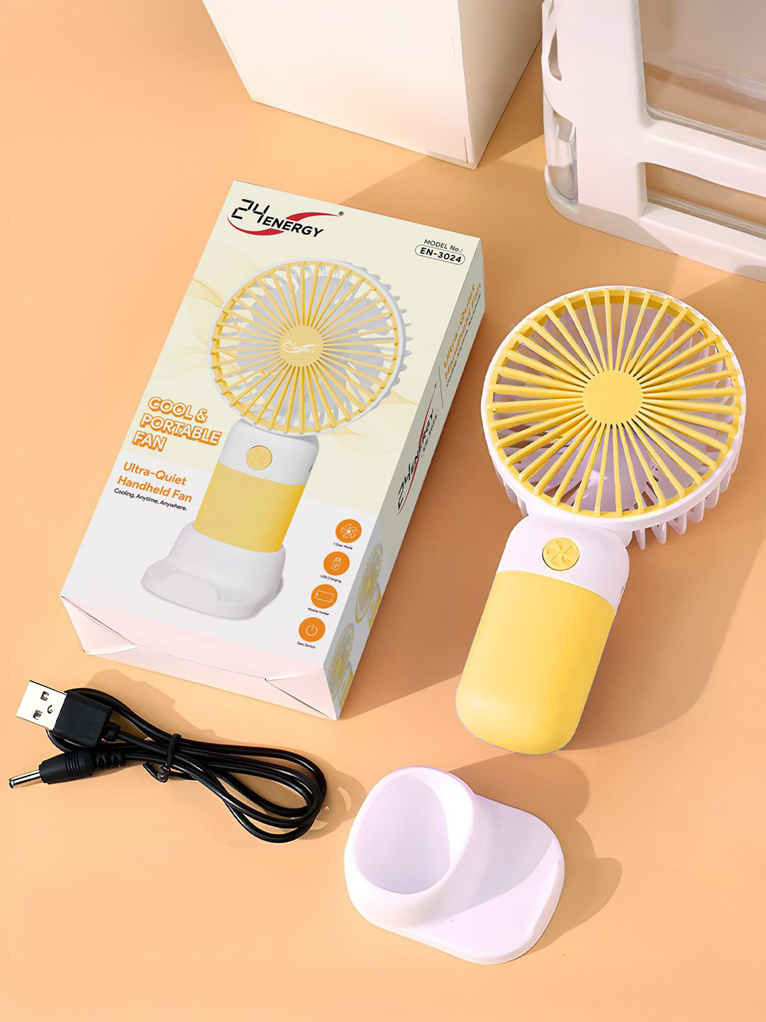 24ENERGY Yellow USB Rechargeable Mini Personal Cooling Hand Fan