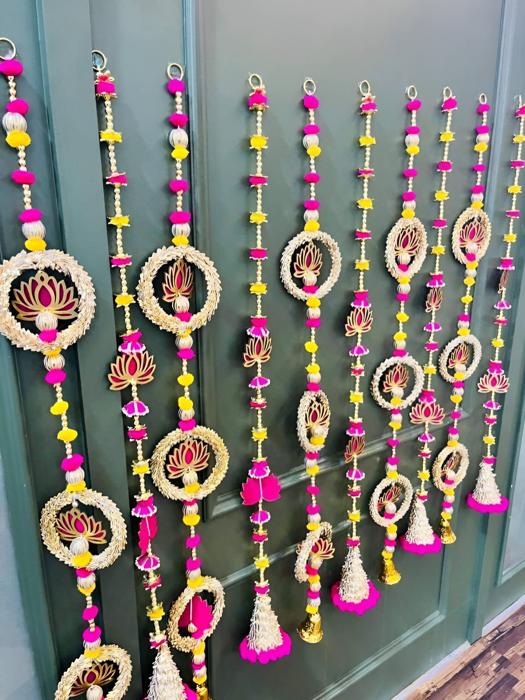 Sellplus 10 Pcs Pink & Yellow Lace Big Circle With Lotus Pompom Toran