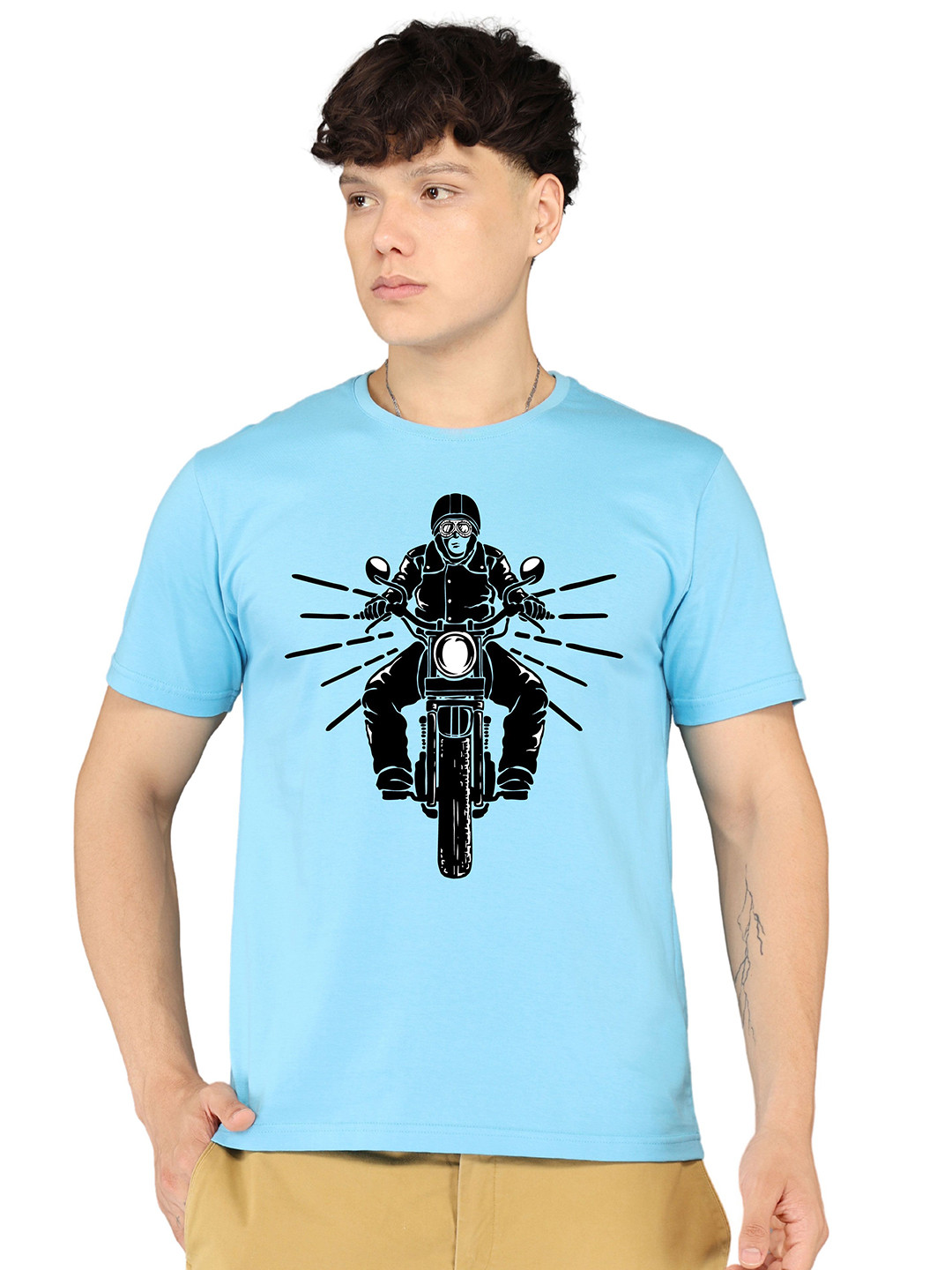 BRAWNY BATTLER Men Biker Printed Round Neck Cotton T-shirt