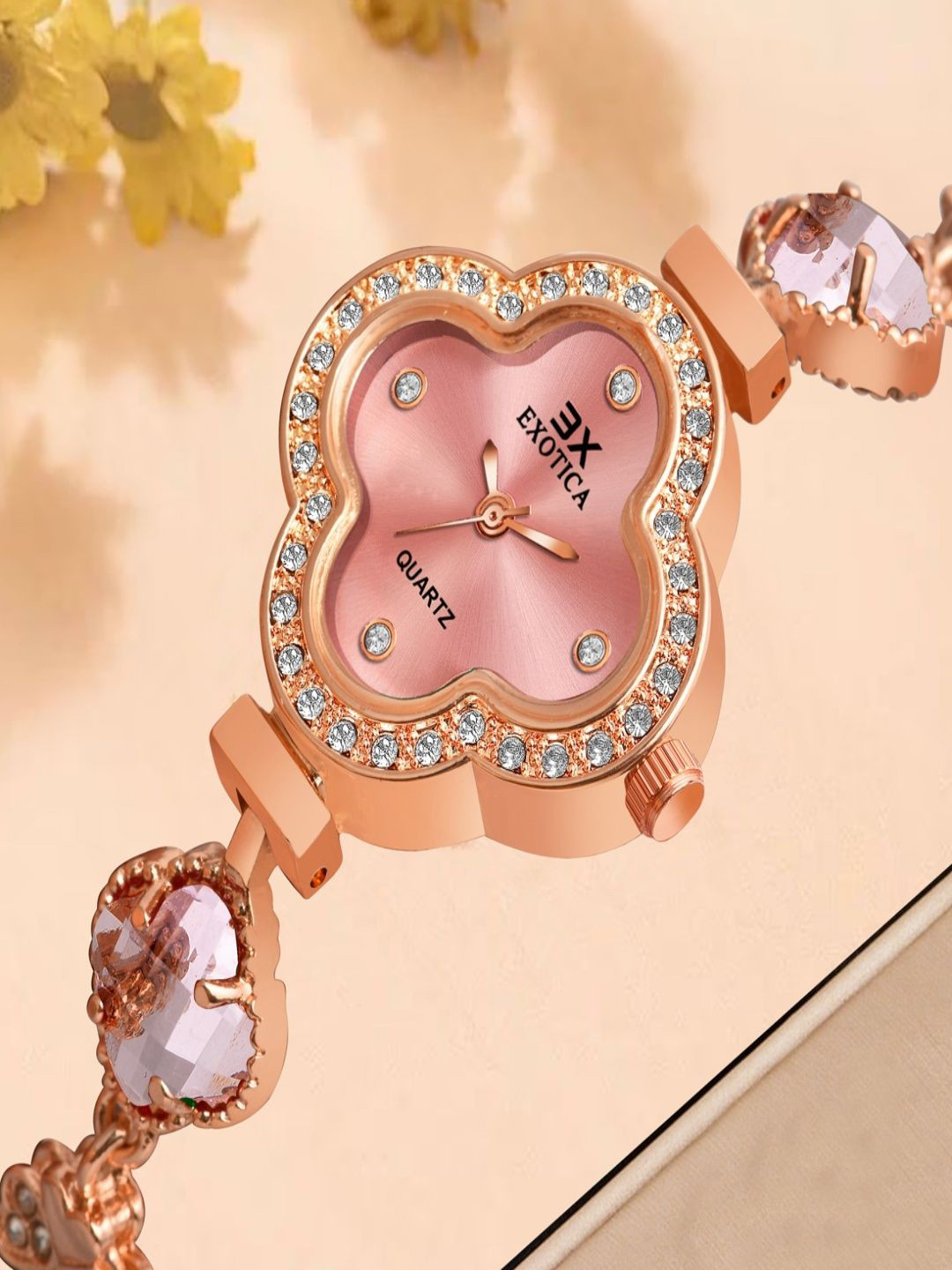 Exotica Fashion Women Stainless Steel Embellished Straps Analog Watch EX-238-RG Pink