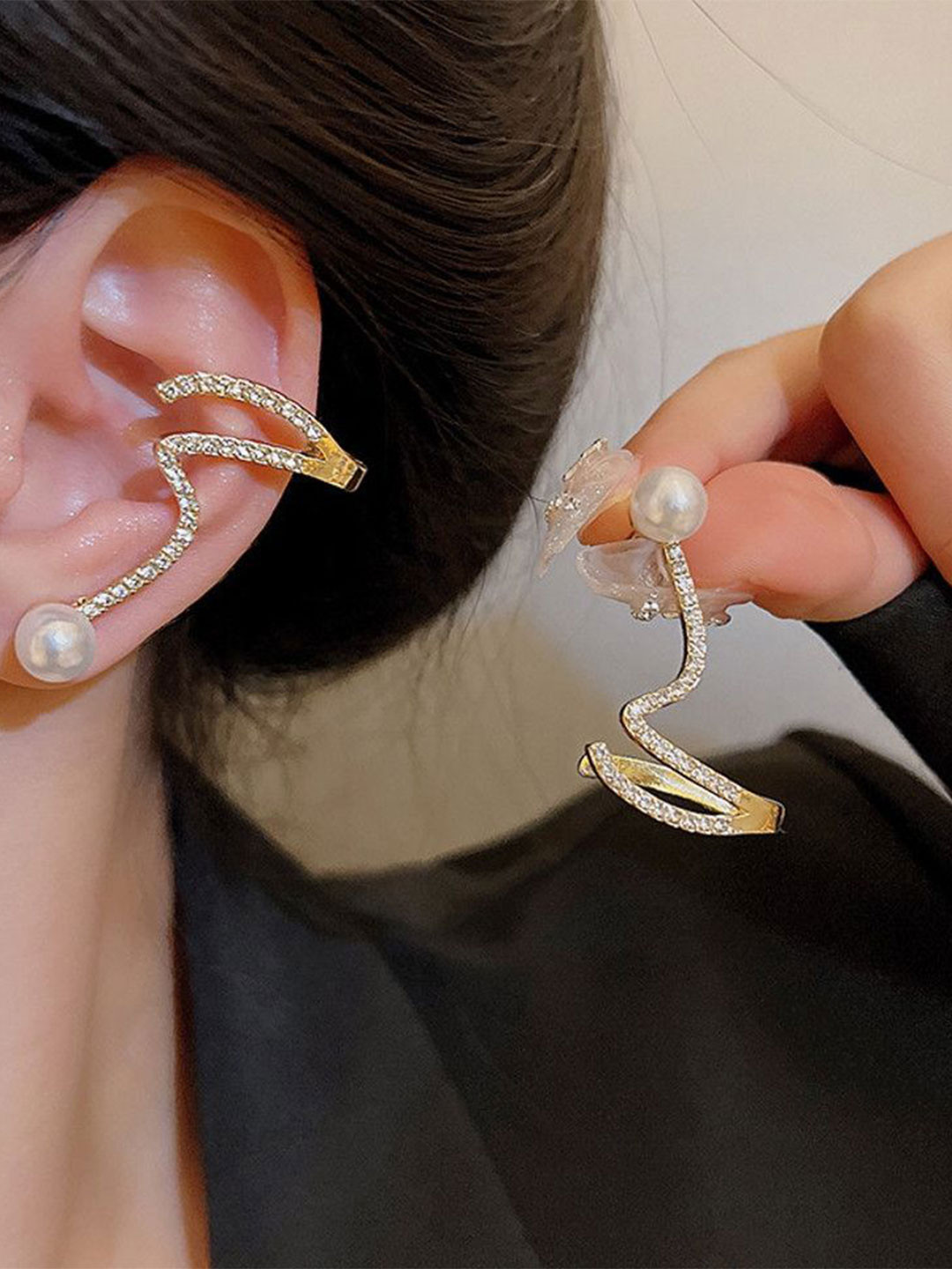 Celestria Contemporary Artificial Stones Studded Korean Ear Cuffs
