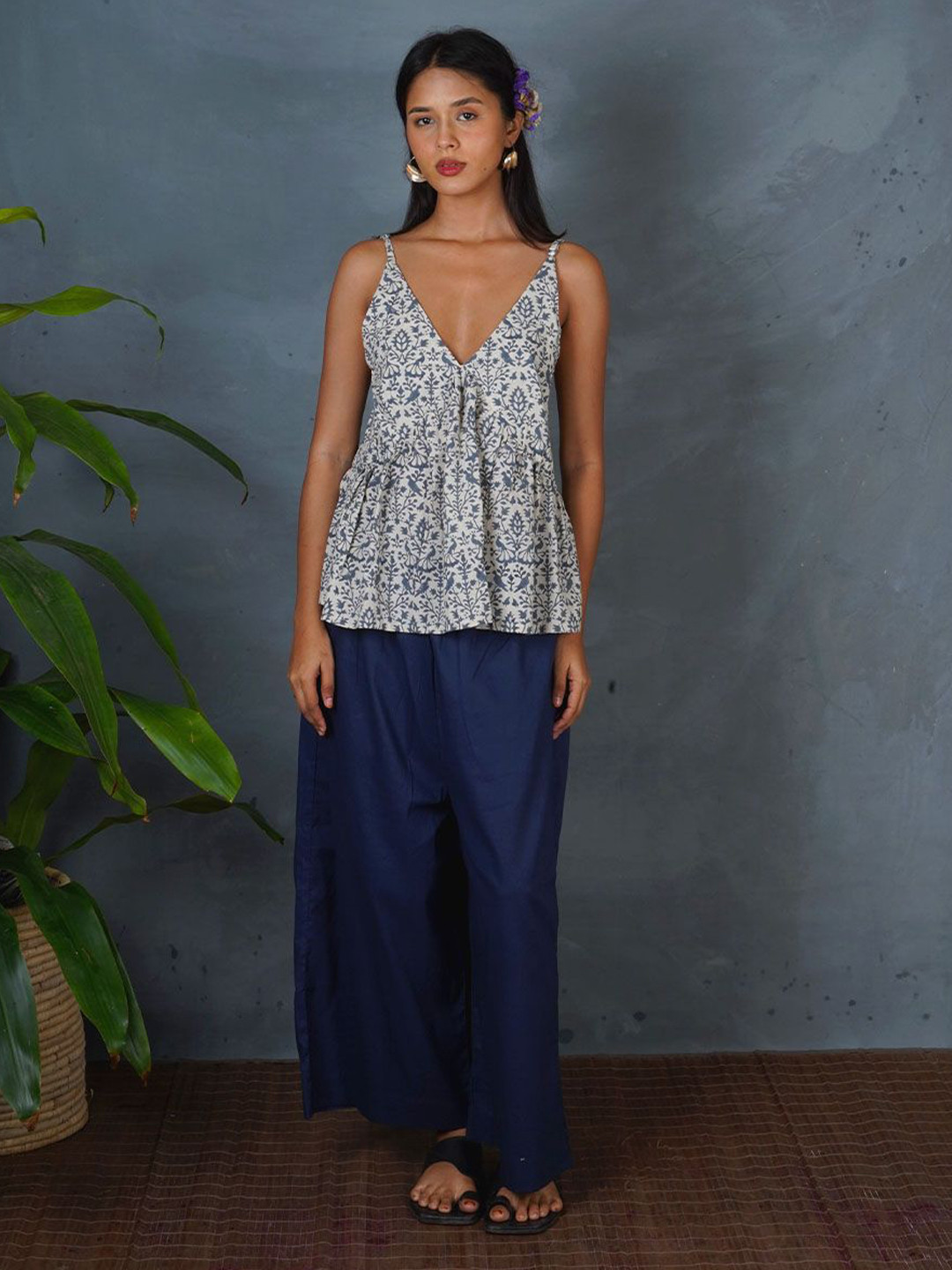 Chidiyaa Dove's Wing Women Shoulder Straps Block Printed Peplum Pure Cotton Top