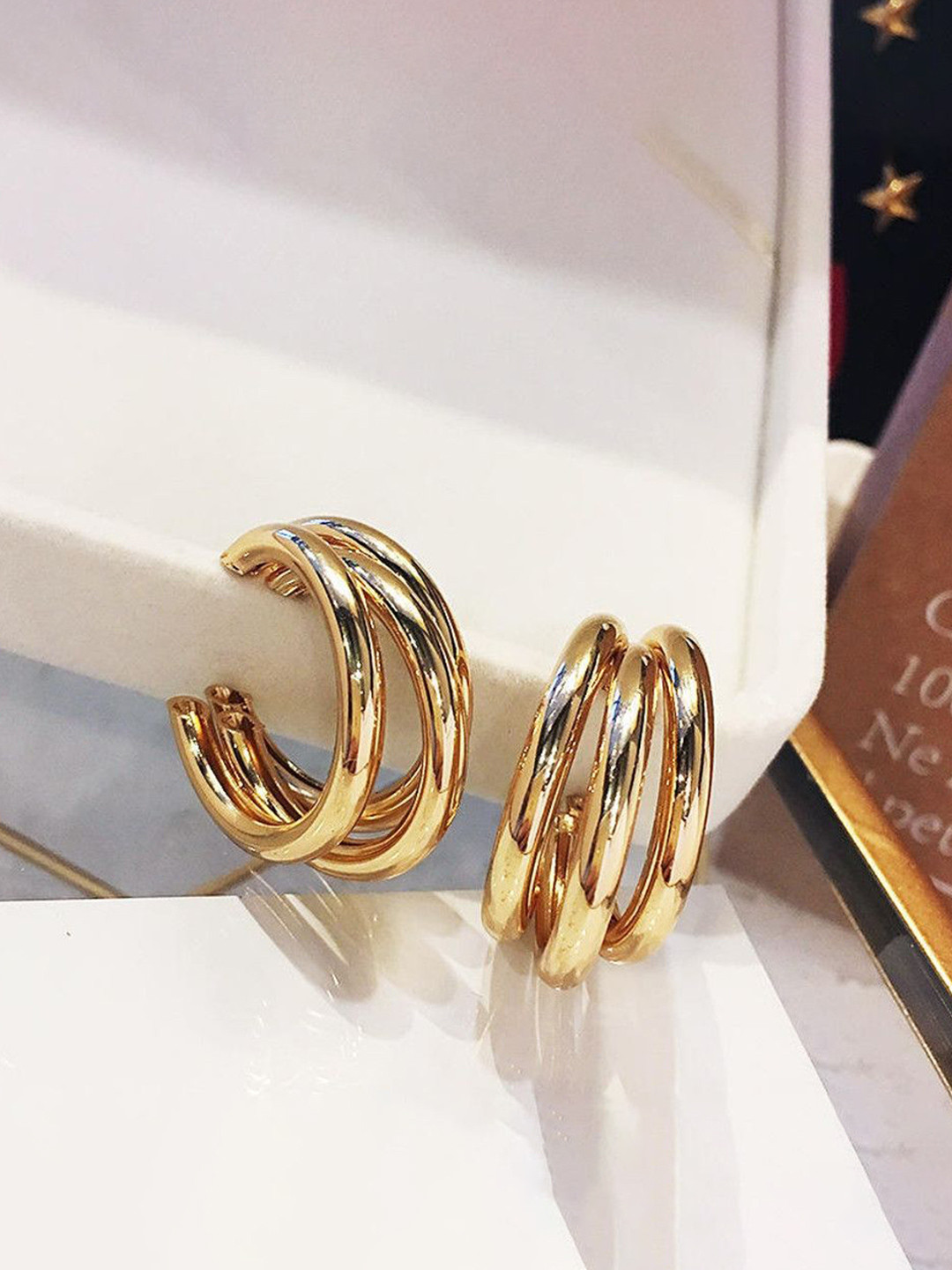 Celestria Contemporary Gold-Plated Triple Curved Metal Hoop Earring