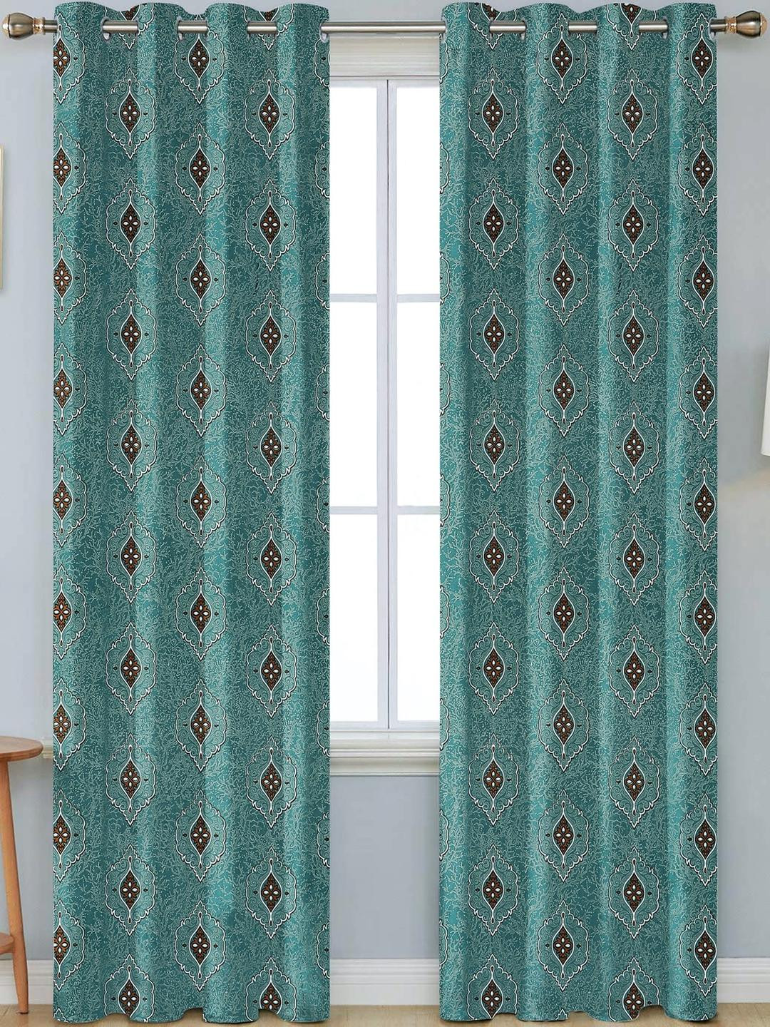 Green Polyester Abstract Printed Door Curtains (7 Feet, Pack of 2)