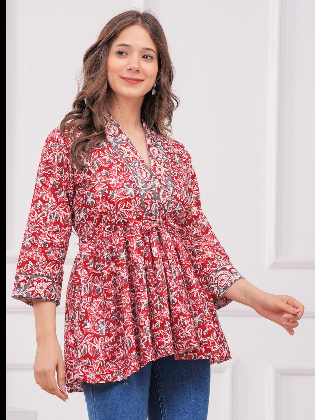 MAAJISA Women Red Floral Printed V-Neck Pure Cotton Pleated Kurti