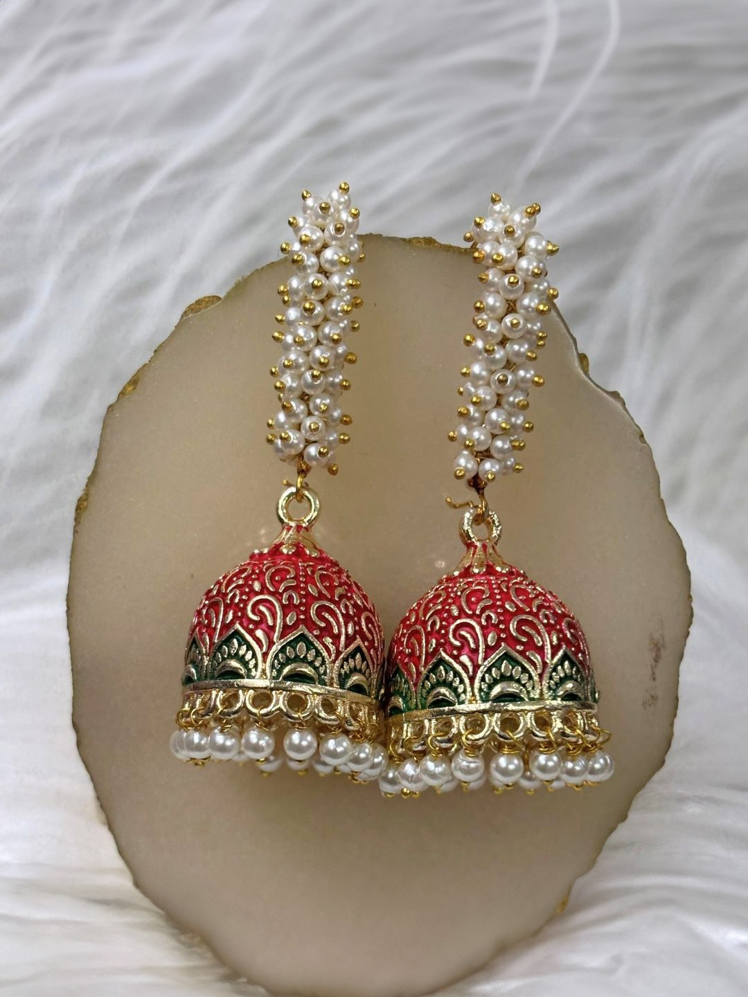 BDIVA Women Gold-Plated Pearl Dome Traditional Ethnic Jhumka Earrings