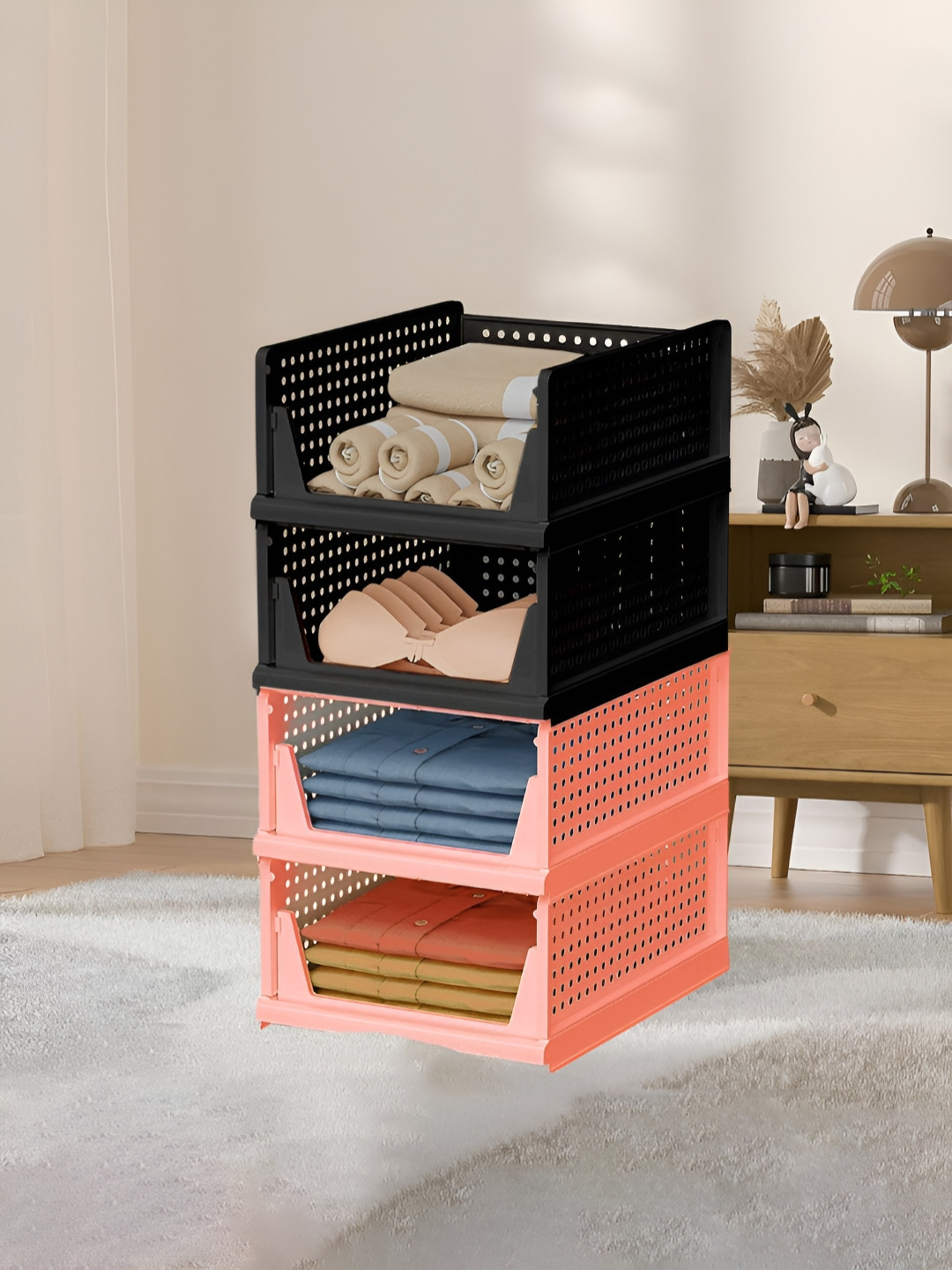 Aura Pink & Black 4 Pieces Textured Reusable Desk Organisers