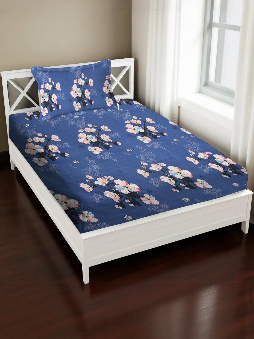 IVAZA Blue & Pink Floral Printed Bedsheet with Pillow Cover