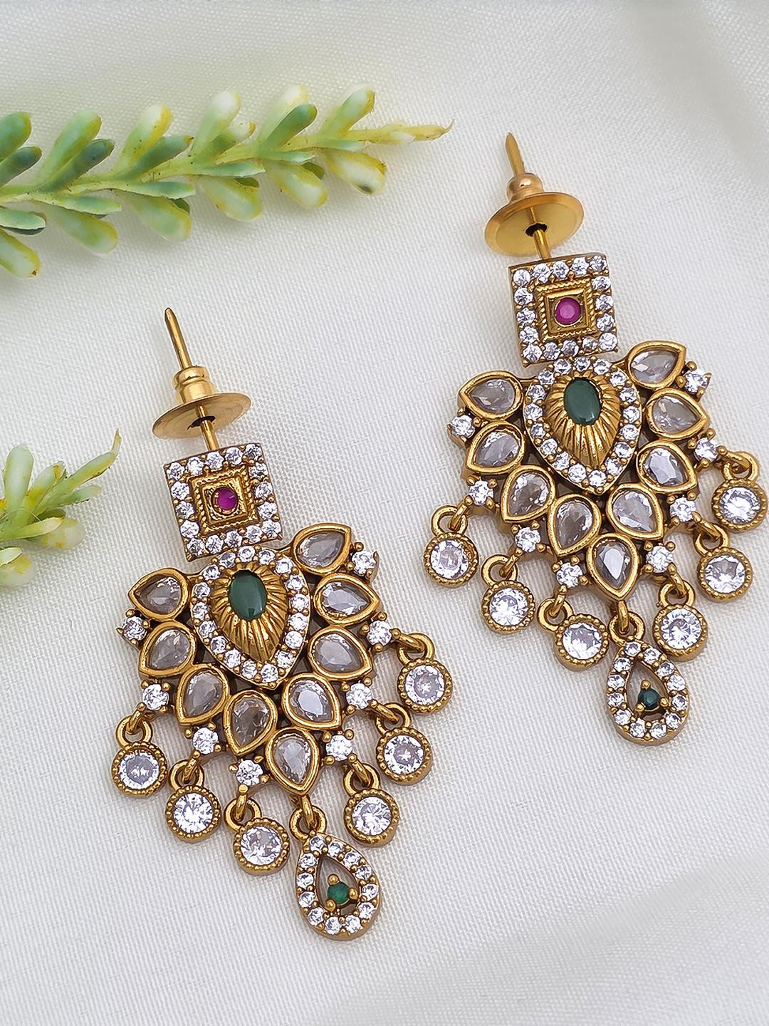 FIRST TOUCH Gold-Plated Chandelier with Crystal Accents Drop Earrings