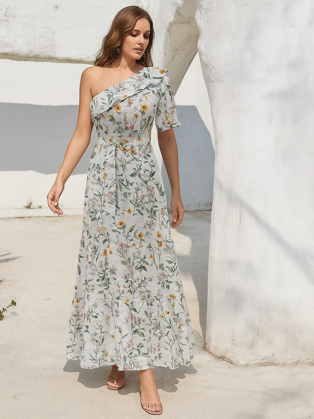 sollobell Women One Shoulder Ruffles Detailed Fit and Flare Midi Dress