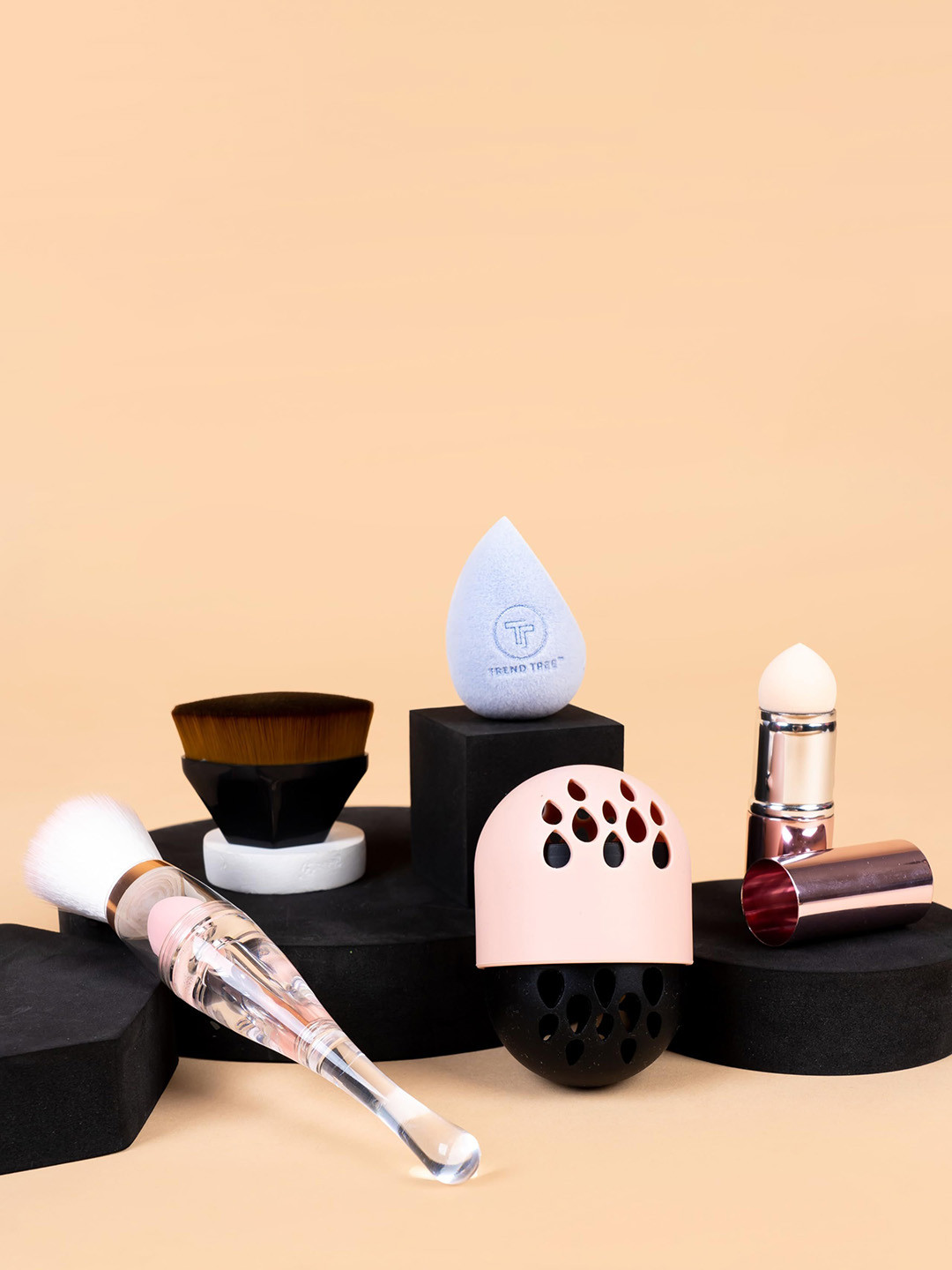 TRENDTREE Set Of 4 Velvet Blender, Foundation Brush, Makeup Brush & Volcanic Face Roller