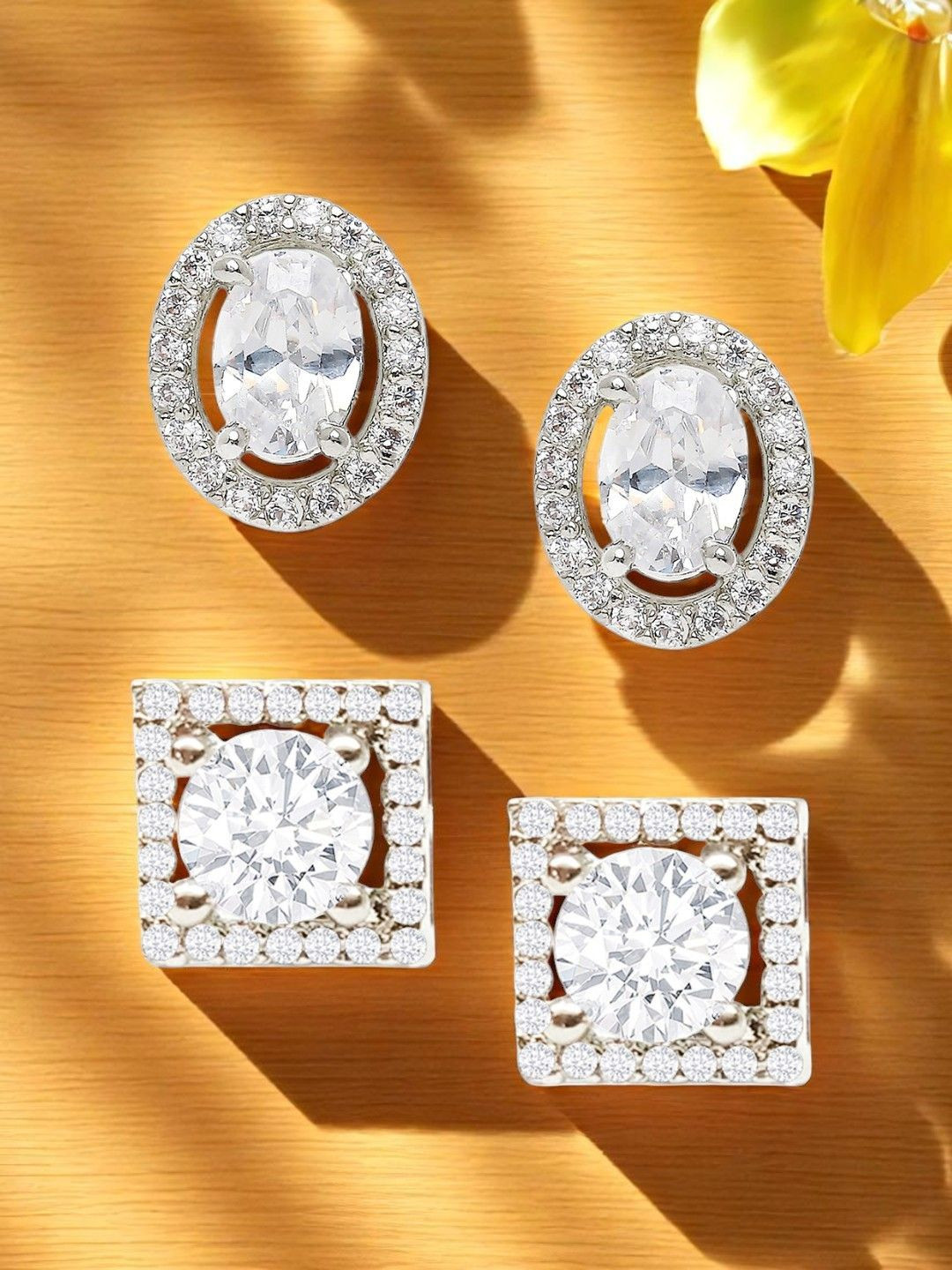 fabula Set of 2 Cubic Zirconia Studded Oval & Square Shaped Studs