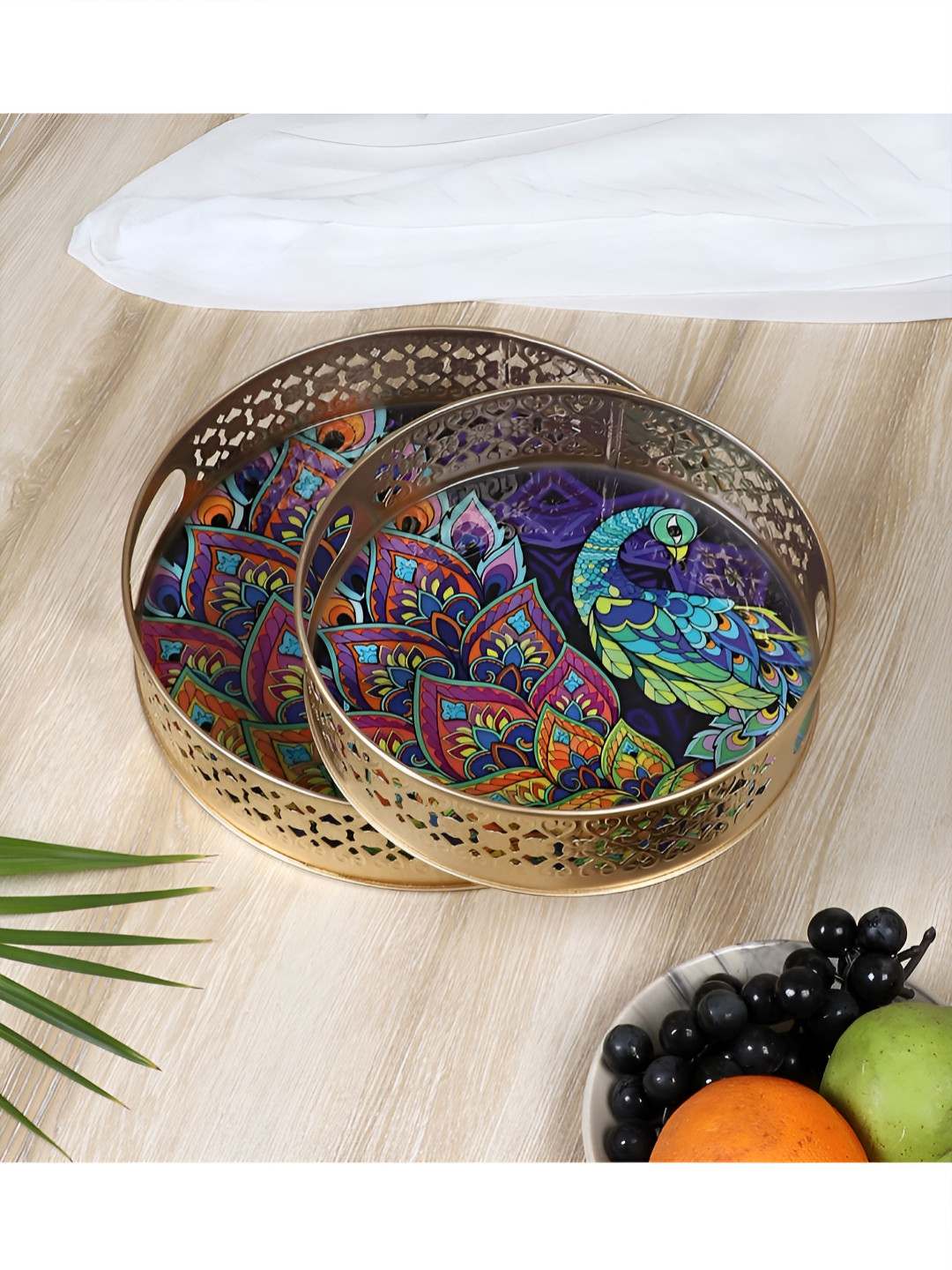 Two Moustaches Beige & Blue 2 Pieces Ethnic Indian Peacock Design Serving Trays