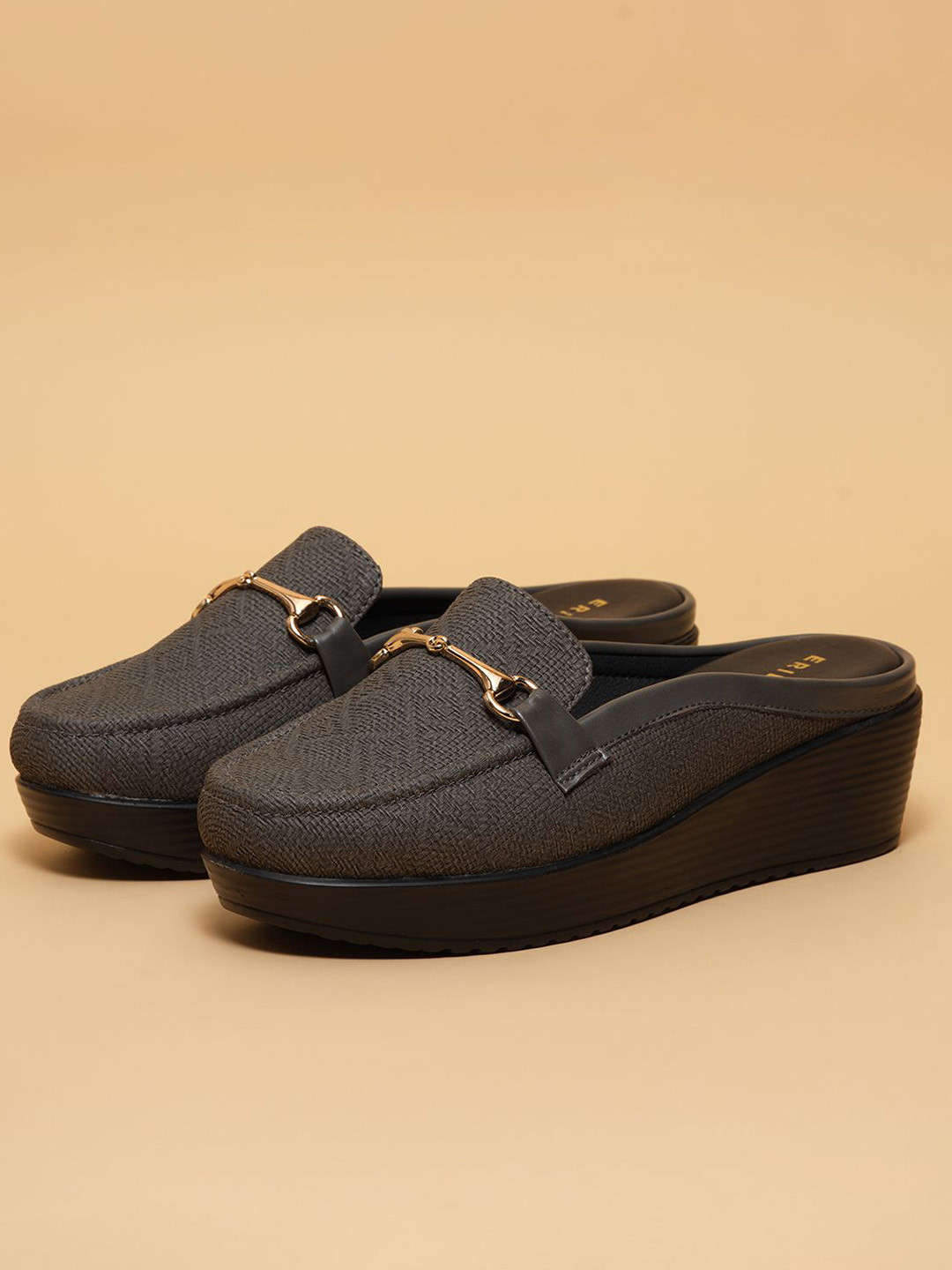 ERIDANI Sirona Classic Women Textured Round Toe Wedge Heels Mules with Buckles