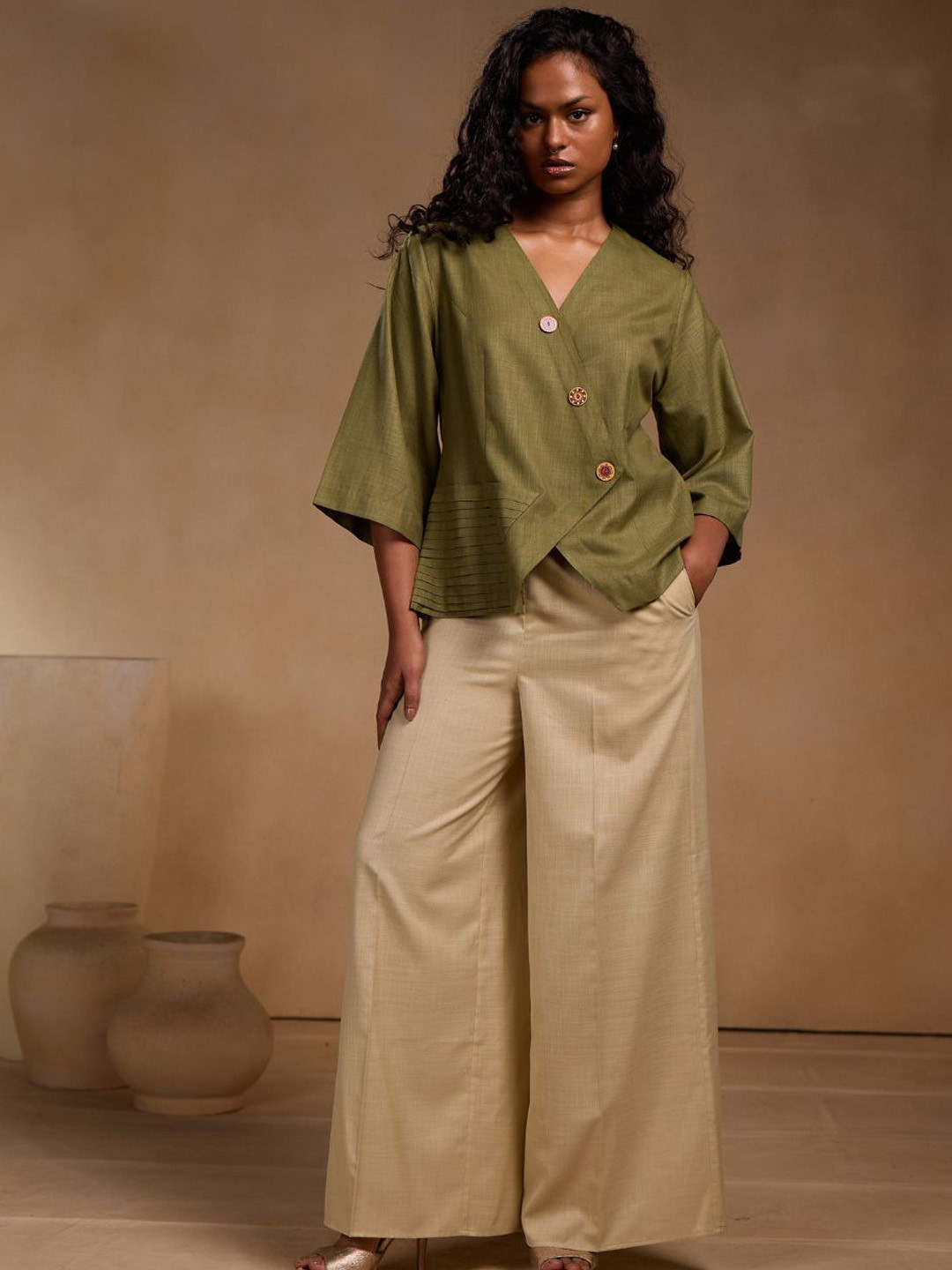 Chhaya Gandhi Design Studio V-Neck Three Fourth Sleeves Top With Palazzos Co-Ords