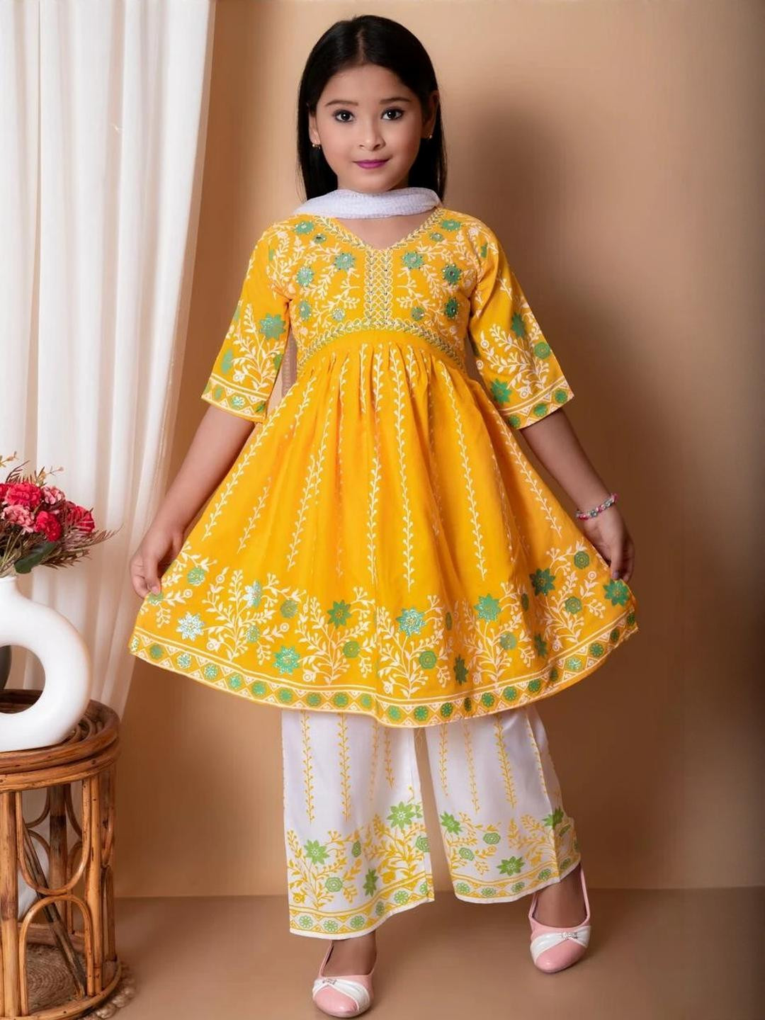 NFashion Girls Printed Yellow Kurta Sets