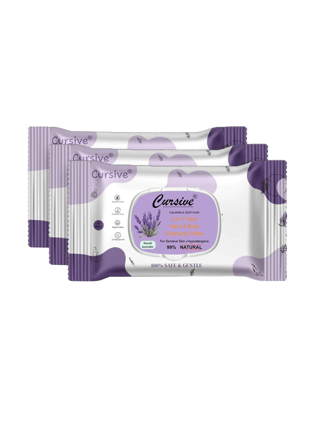 CURSIVE Set Of 3 Refreshing French Lavender 3-In-1 Body & Face Wet Wipes - 25 Pulls Each