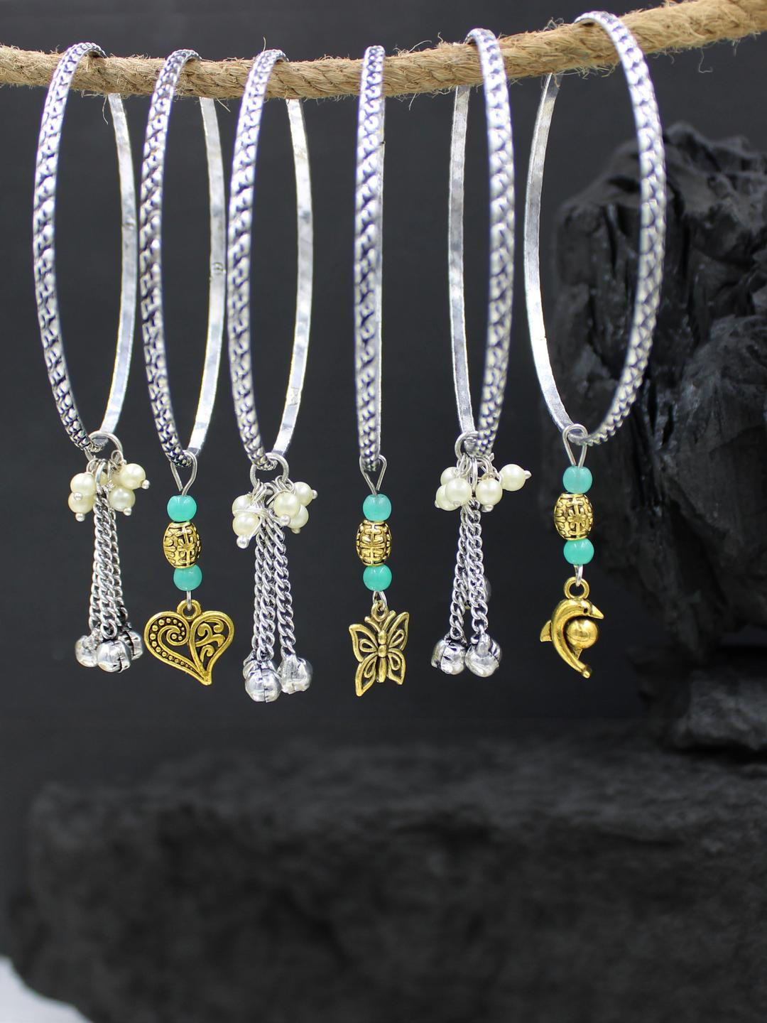 gurjari Oxidised Bangle with Gungru, Colurful Turquoise Beads Charm Bangle