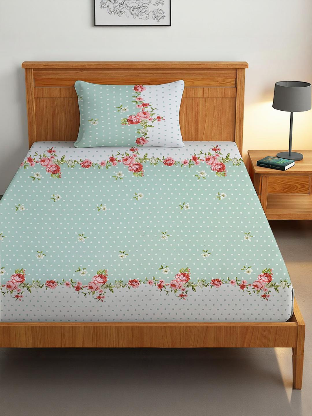 IVAZA Green Floral 380TC Single Bedsheet with 1 Pillow Covers