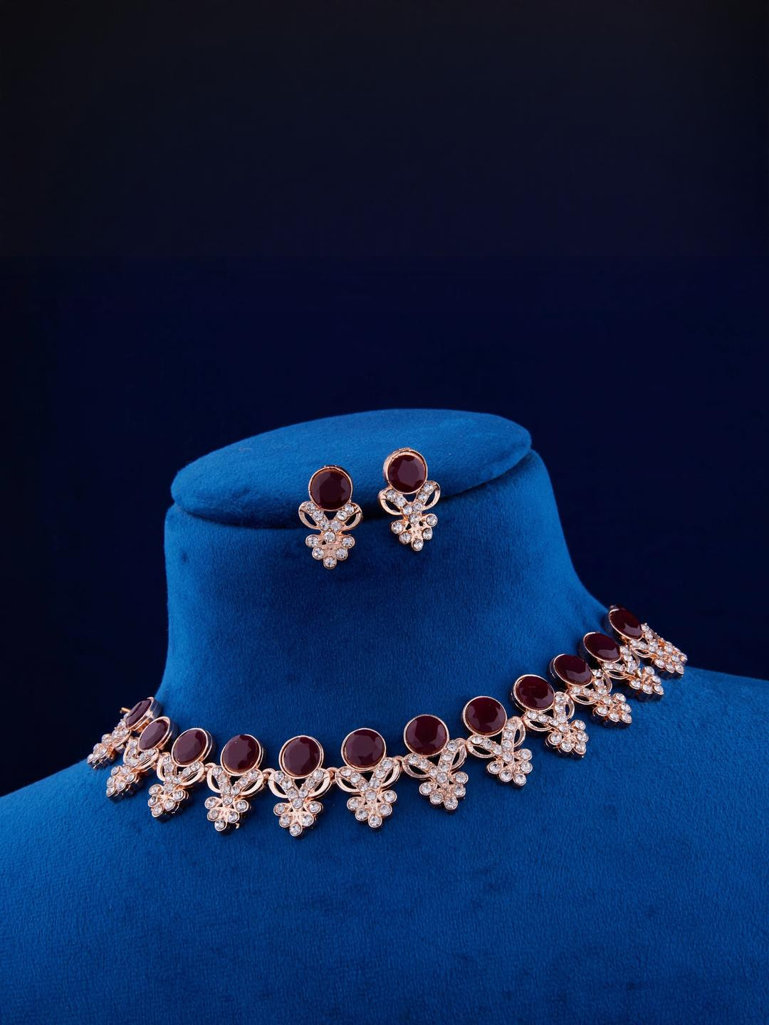Bhanu diam Red Gold-Plated Artificial Stone Necklace & Earring Set
