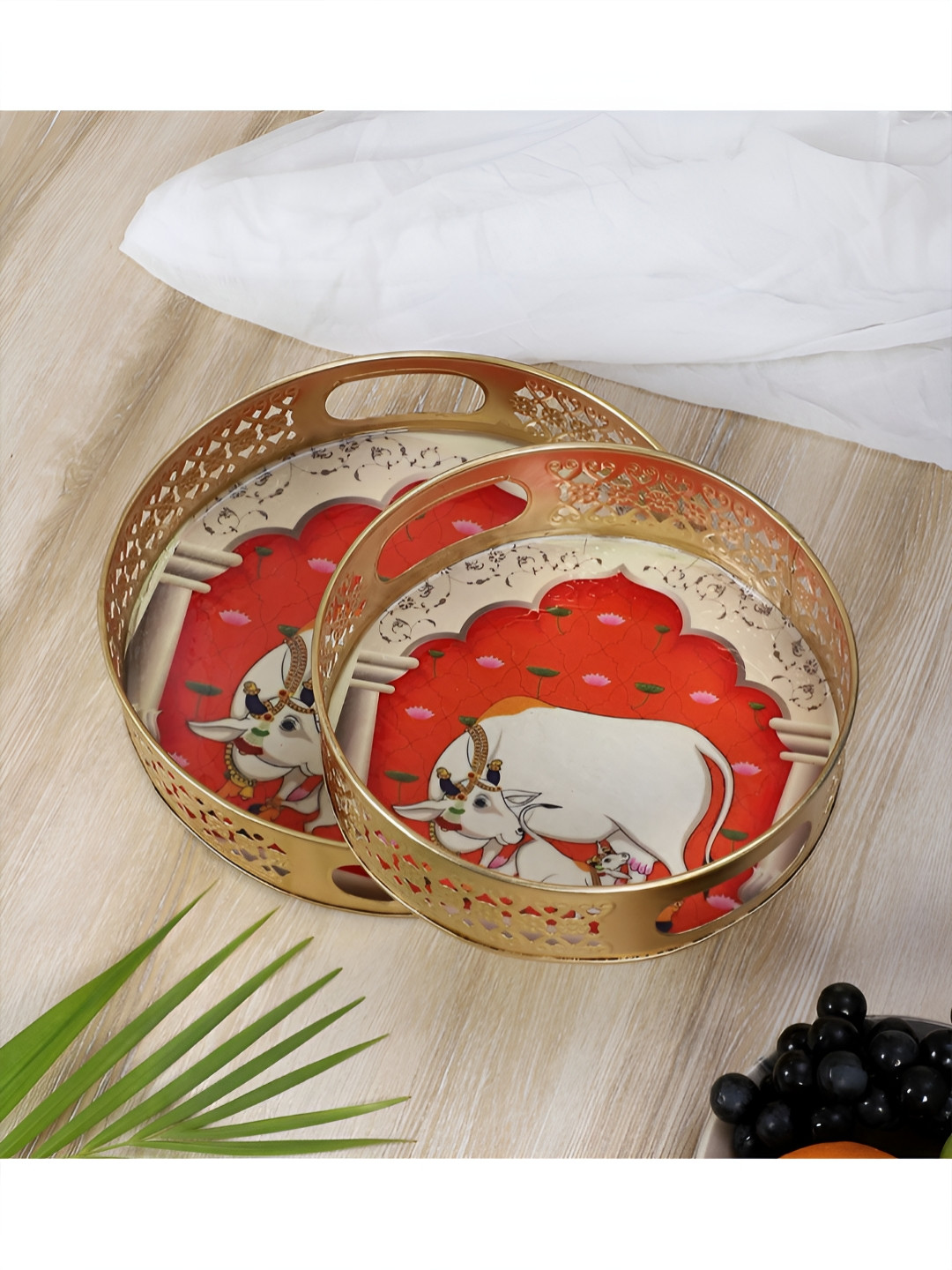 Two Moustaches Beige & White 2 Pieces Kamdhenu Cow & Calf In Darbar Serving Trays