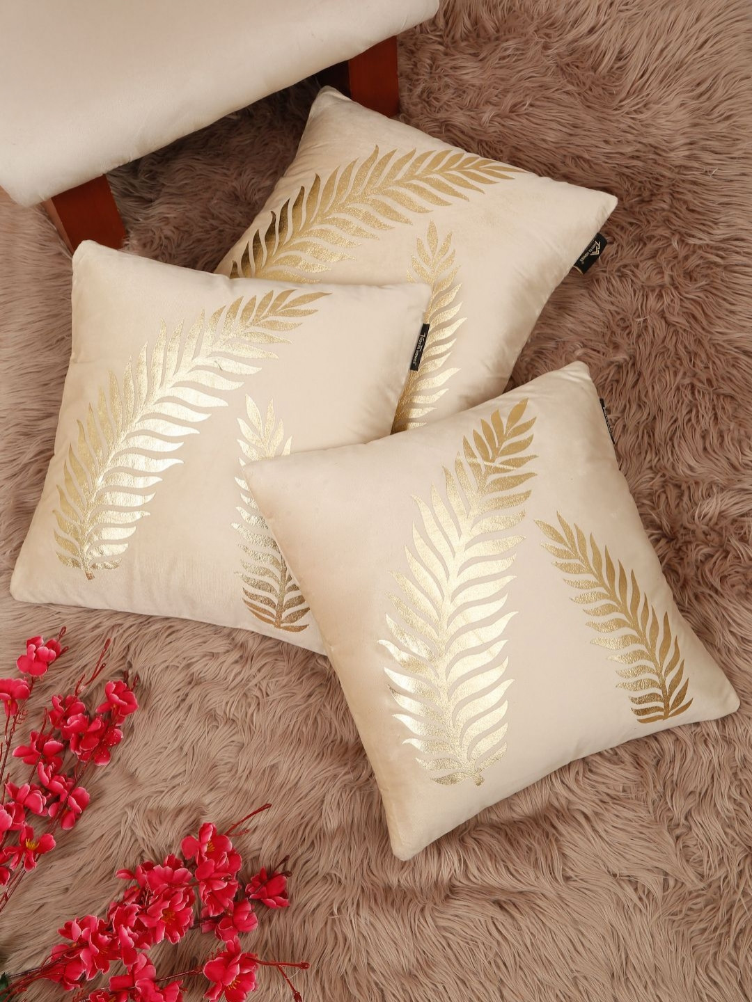 Myntra Elegant Homes Cream & Gold-Toned 3 Pieces Printed Velvet Square Cushion Covers