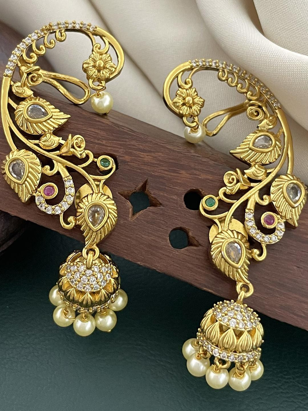 FIRST TOUCH Gold-Plated Peacock Design Jhumka with Pearl Accents Ear Cuff Earrings