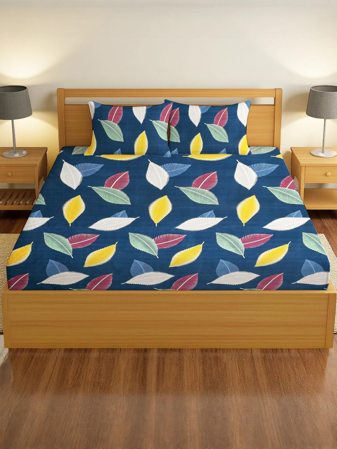 IVAZA Blue Tropical Printed 330 TC Queen Bedsheet with 2 Pillow Covers