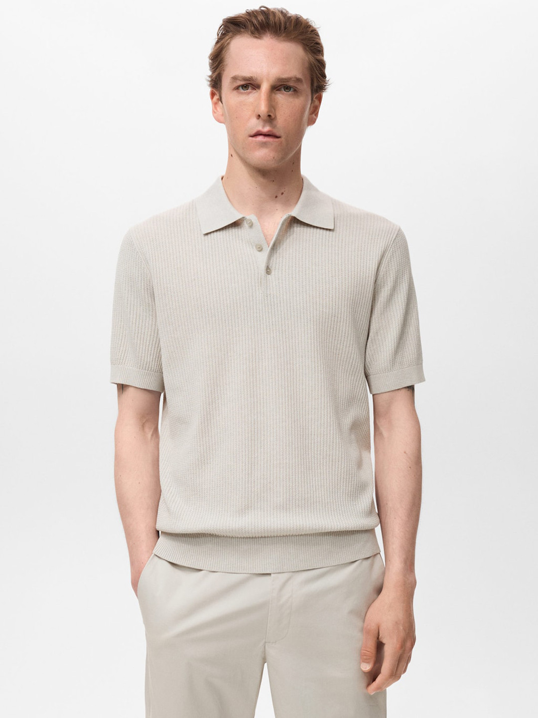 MANGO MAN Rib Knit Polo Collar T-shirt