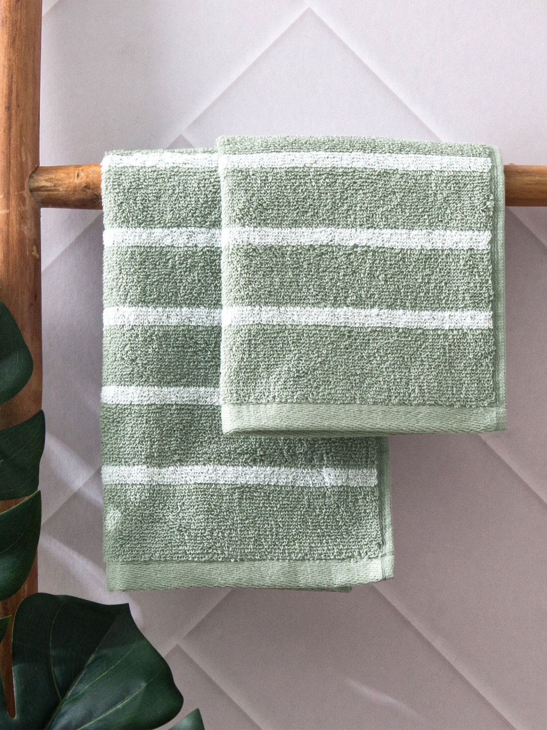 Home Centre Colour Refresh Essense 2Pcs Green & White Striped Cotton Soft Face Towels