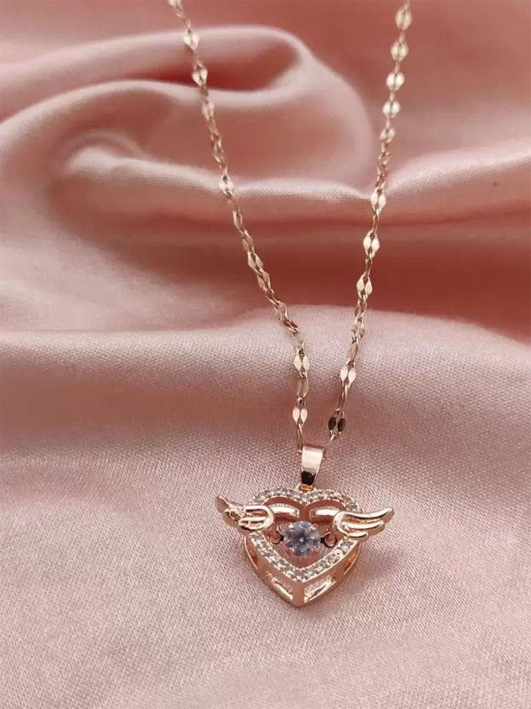Wynona Womend Cubic Zirconia Studded  Heart Wing Pendant With Chain