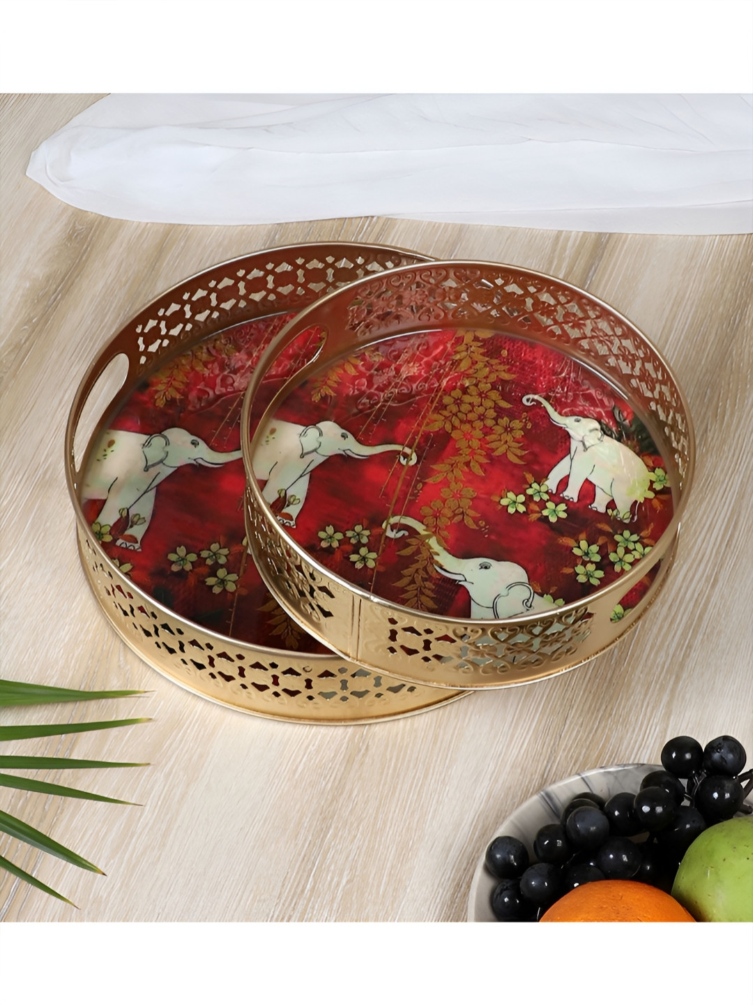 Two Moustaches Beige & Red 2 Pieces Elephants Design Serving Trays