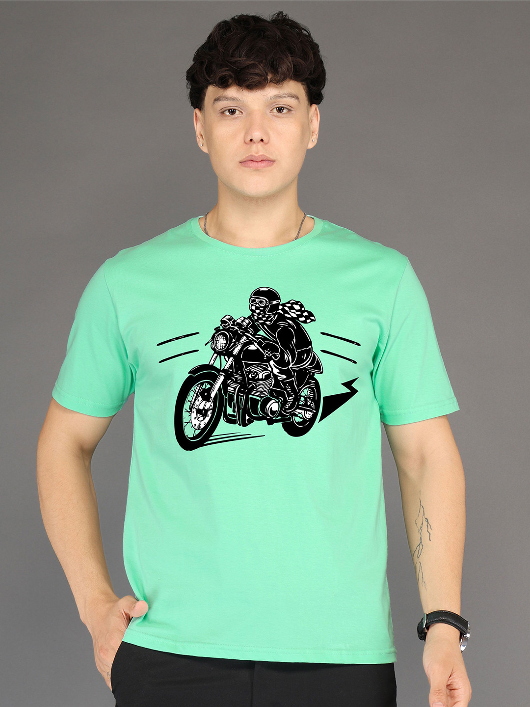 BRAWNY BATTLER Men Biker Printed Round Neck Cotton T-shirt