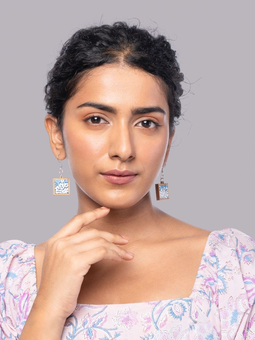 WHE Wooden Fabric Square Shaped Drop Earrings