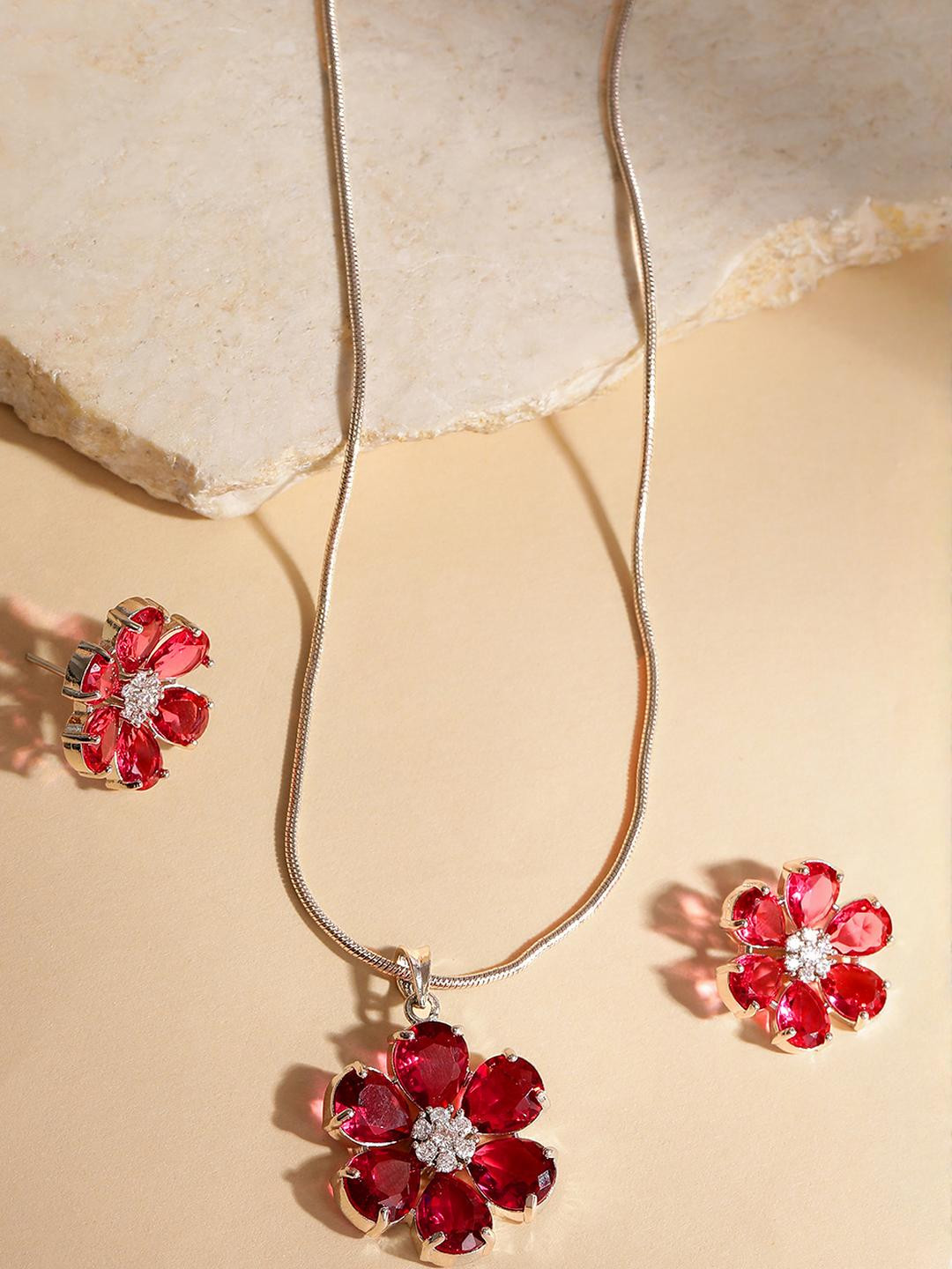 Anouk Pink Doublet American Diamond AD & CZ Stone-Studded Chain Pendant Earrings Set