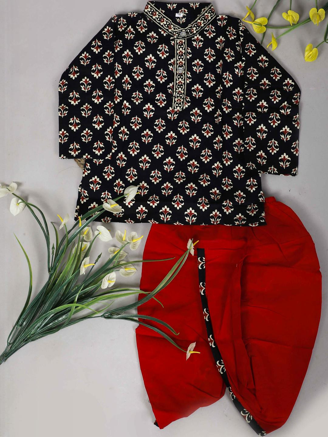 LITTLE DREAMS Black & Red Boys Printed Kurta & Dhoti Pants Set