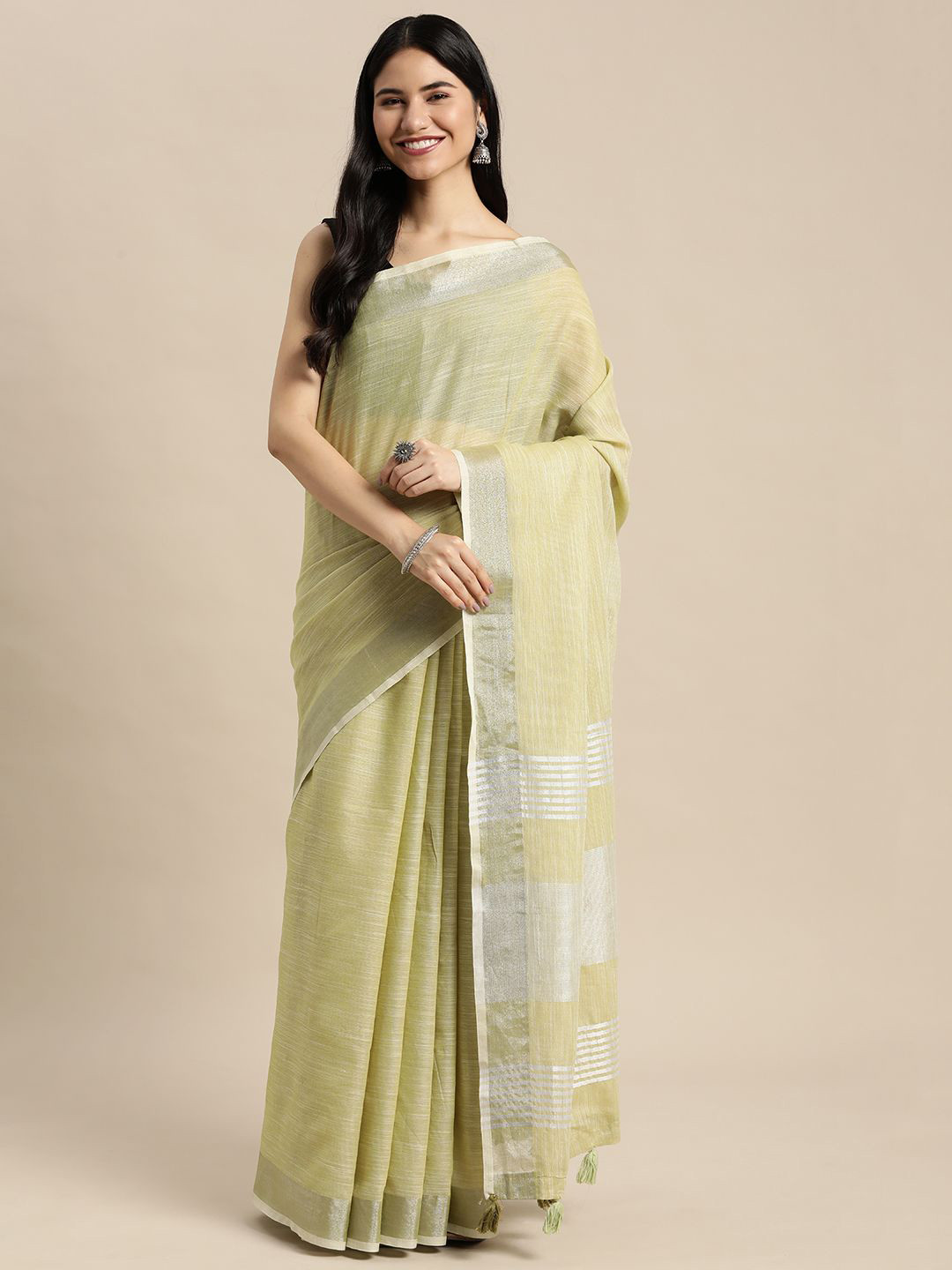 Astita Woven Saree with Contrast Zari Border & Tassels
