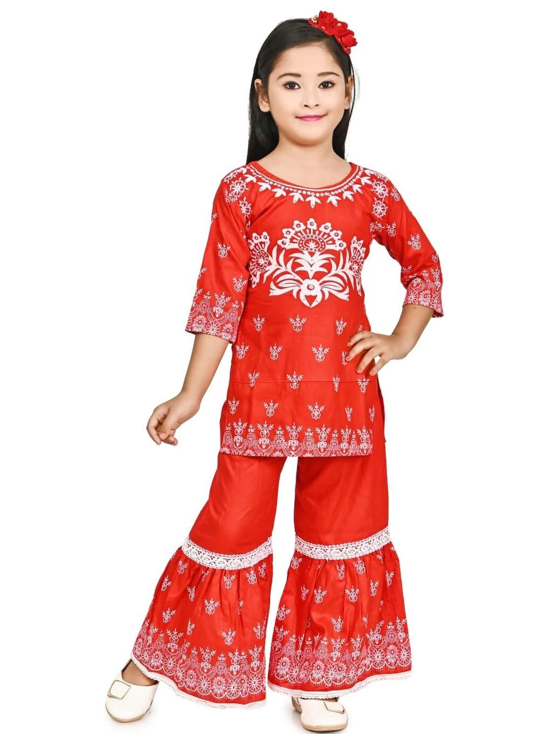 NFashion Girls Red Kurta & Palazzo Set