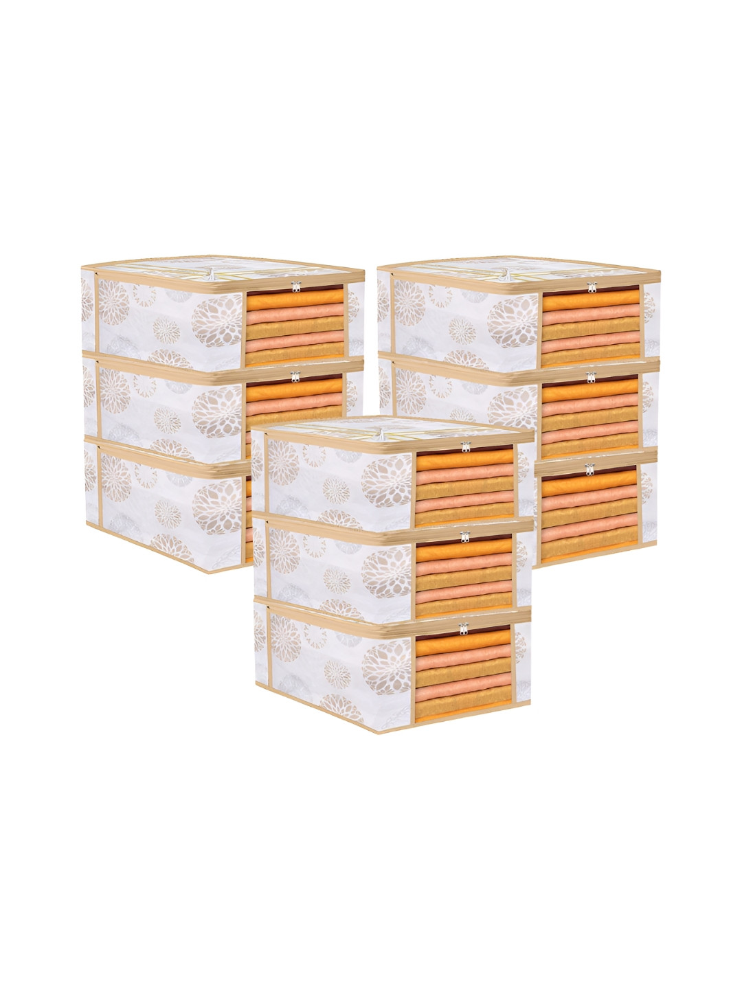 Aura White & Gold Toned 9 Pieces Printed Saree Bag Organisers