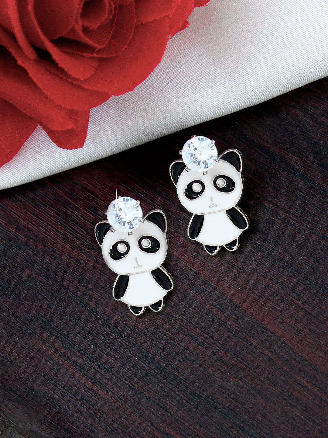 PRIVIU Gold-Plated American Diamond Studded Panda Drop Earrings