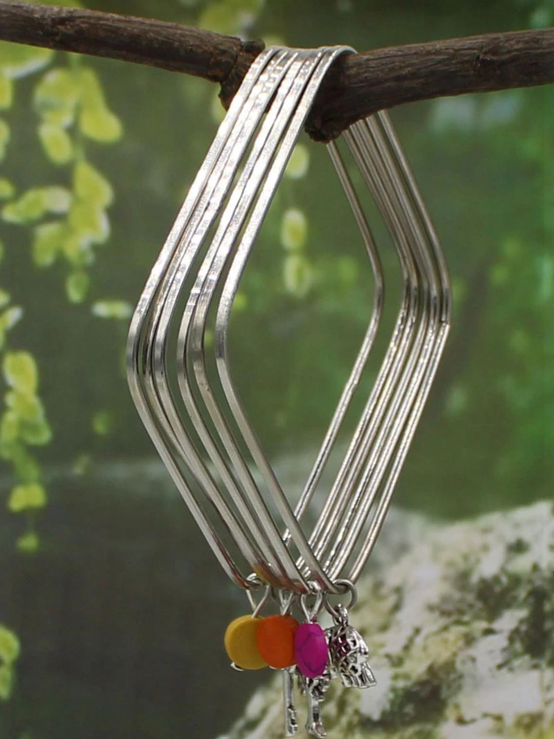 gurjari jewellers Women Pack Of 6 Silver Plated Square Charm Bangles