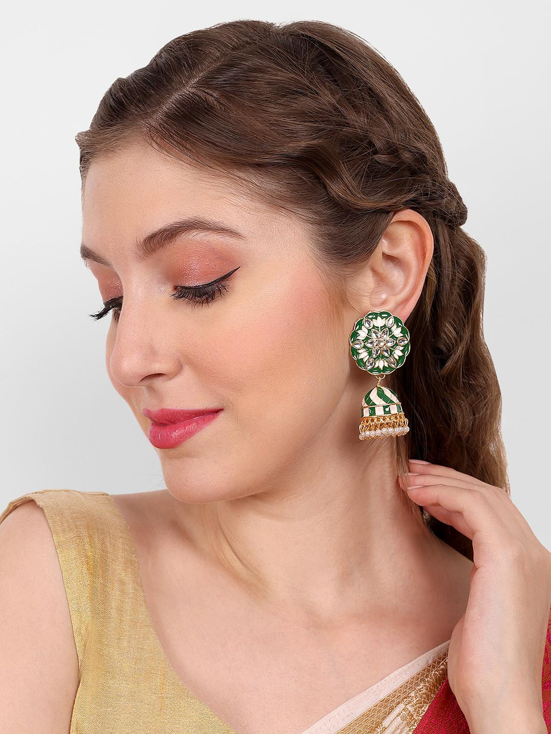 Manuvi Jewels Elegant Green & White Enamel Floral Jhumka Earrings