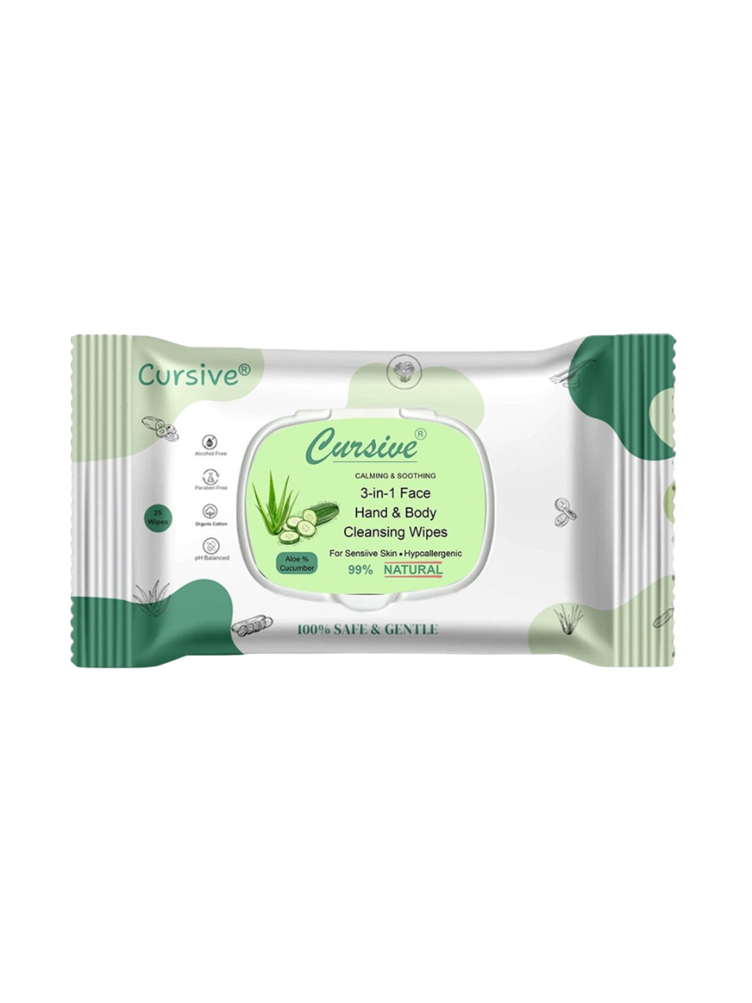 CURSIVE Refreshing Aloe Cucumber 3-In-1 Hand Body & Face Wet Wipes - 25 Pulls