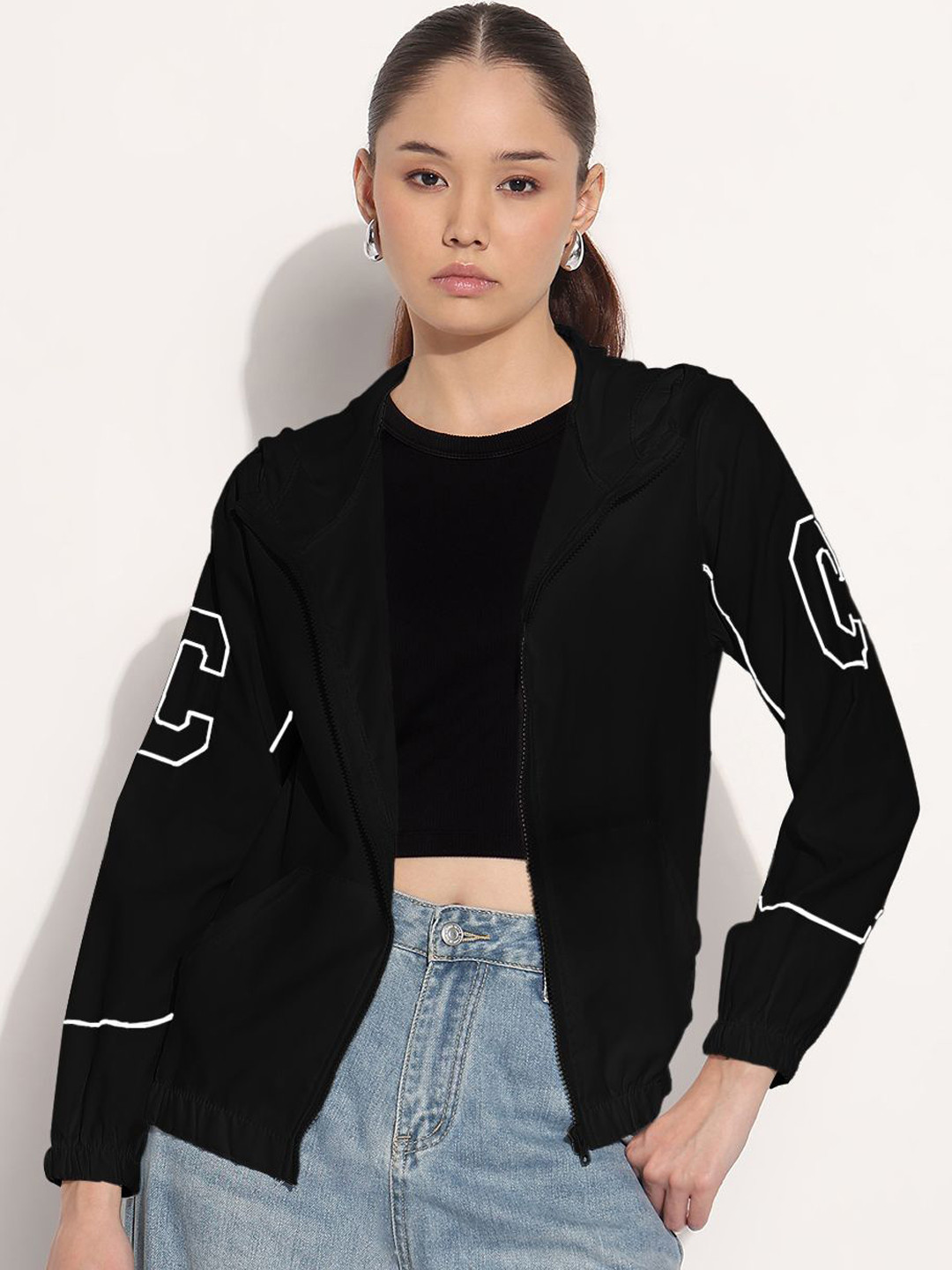 SHOWOFF Women Hooded Brand Logo Casual Varsity Jacket
